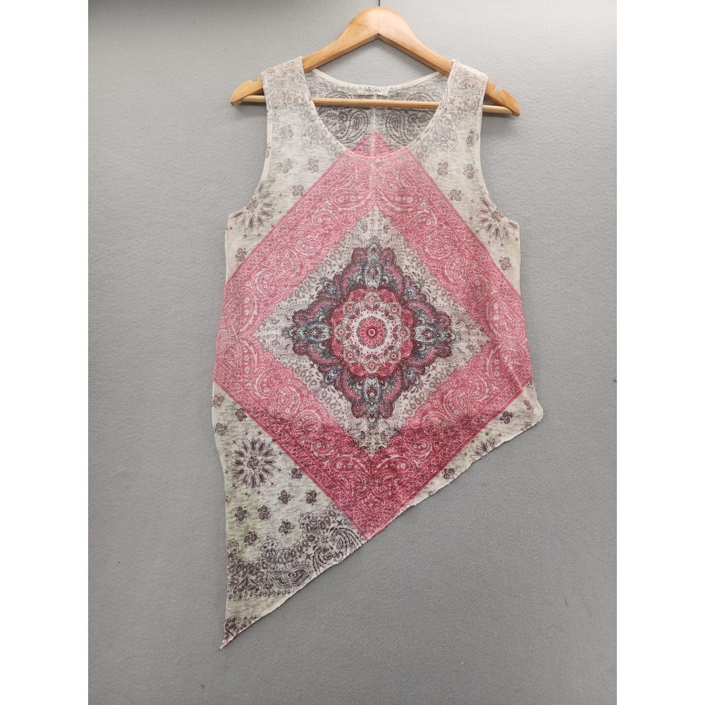 Persaya Women Pink Paisley Bandana Print Handkerchief Hem Tank Top Mediano Boho